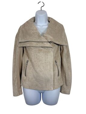 SL8 Beige Faux Suede Moto Jacket Size Small Asymmetrical Zip Draped Collar